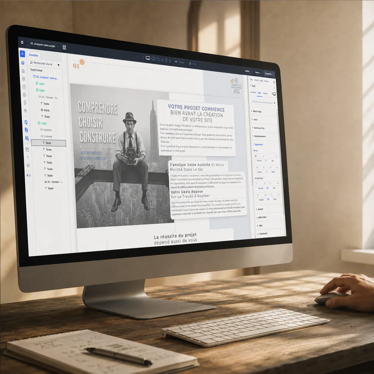 Écran de travail montrant l’organisation et l’arborescence des pages d’un site internet