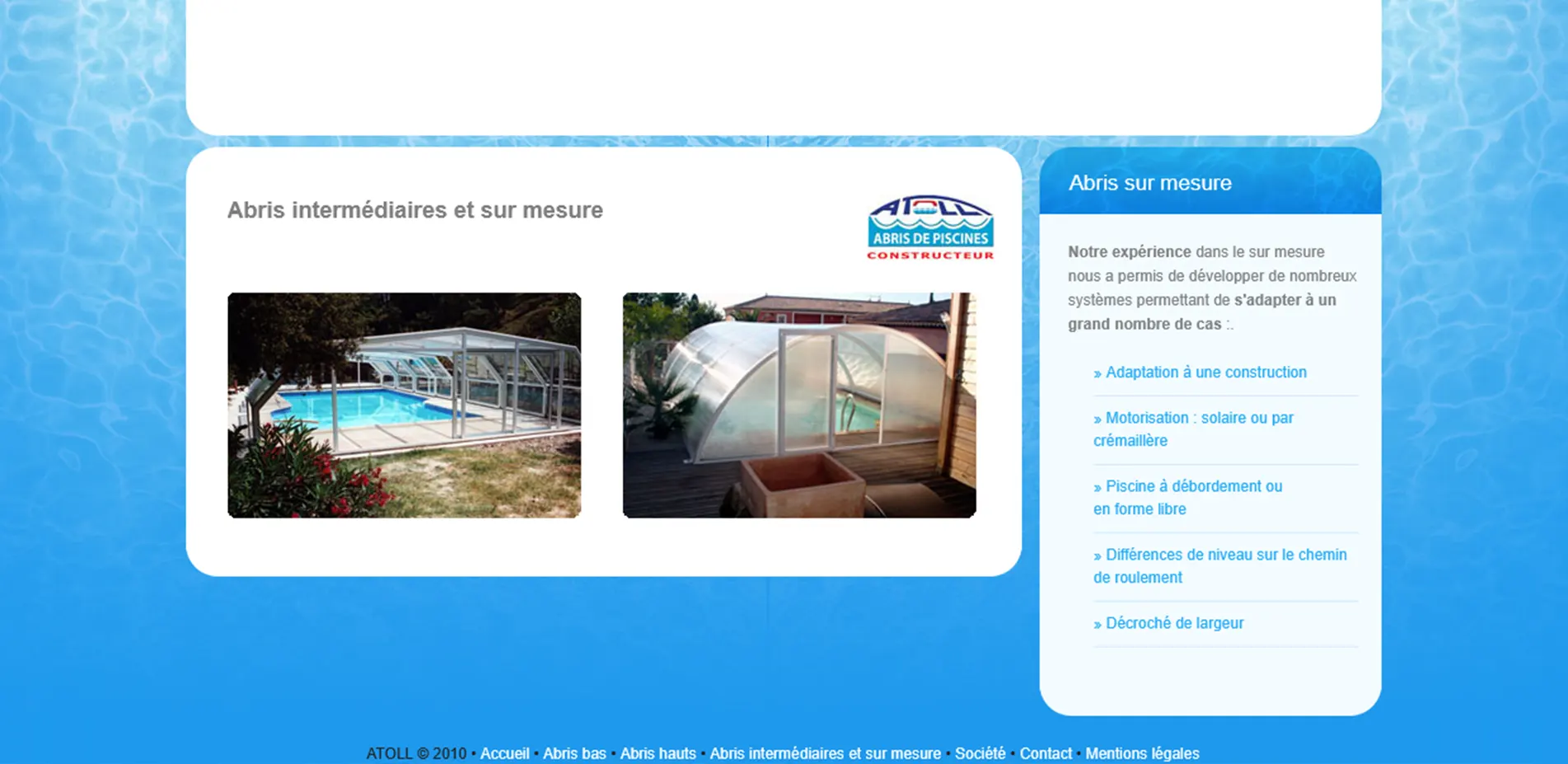 Ancien site ATOLL présentant des abris de piscine sur mesure avec trois photos de réalisations et un encadré de présentation