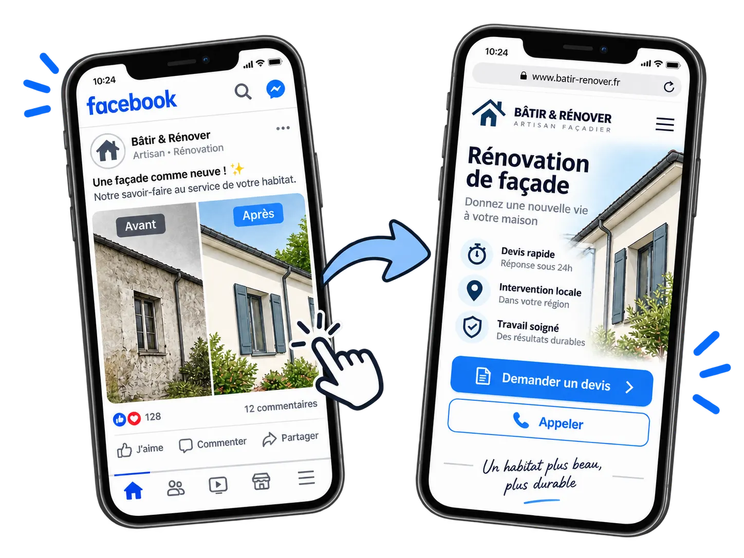 Exemple de parcours entre une publication Facebook d’un artisan du bâtiment et une demande de devis sur son site internet