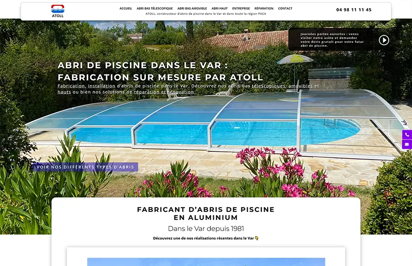 Page d’accueil du site ATOLL après refonte, fabricant d’abris de piscine dans le Var