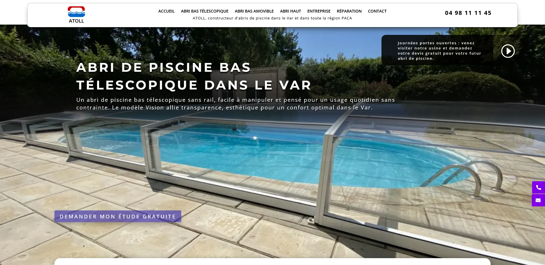 Comparatif avant après de la refonte du site ATOLL dans le Var, montrant l’ancien site d’abris de piscine puis le nouveau site mettant en avant un abri de piscine bas télescopique.