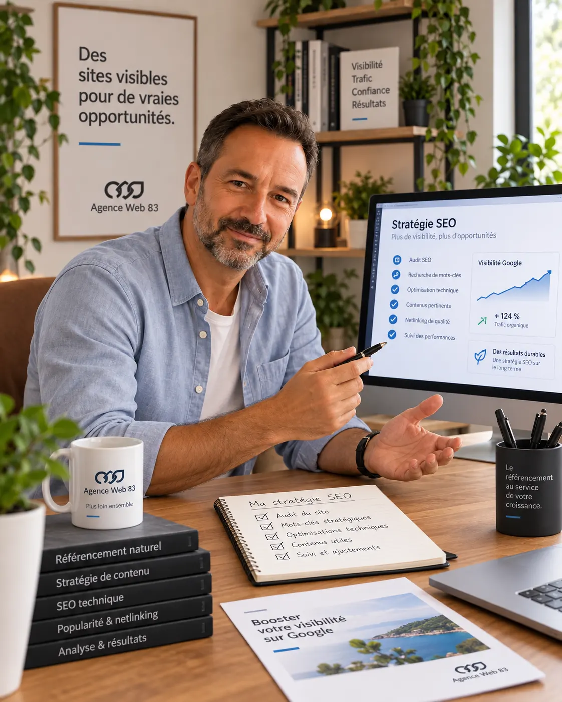 Consultant SEO d’Agence Web 83 présentant un audit de site et une stratégie de référencement naturel dans le Var.