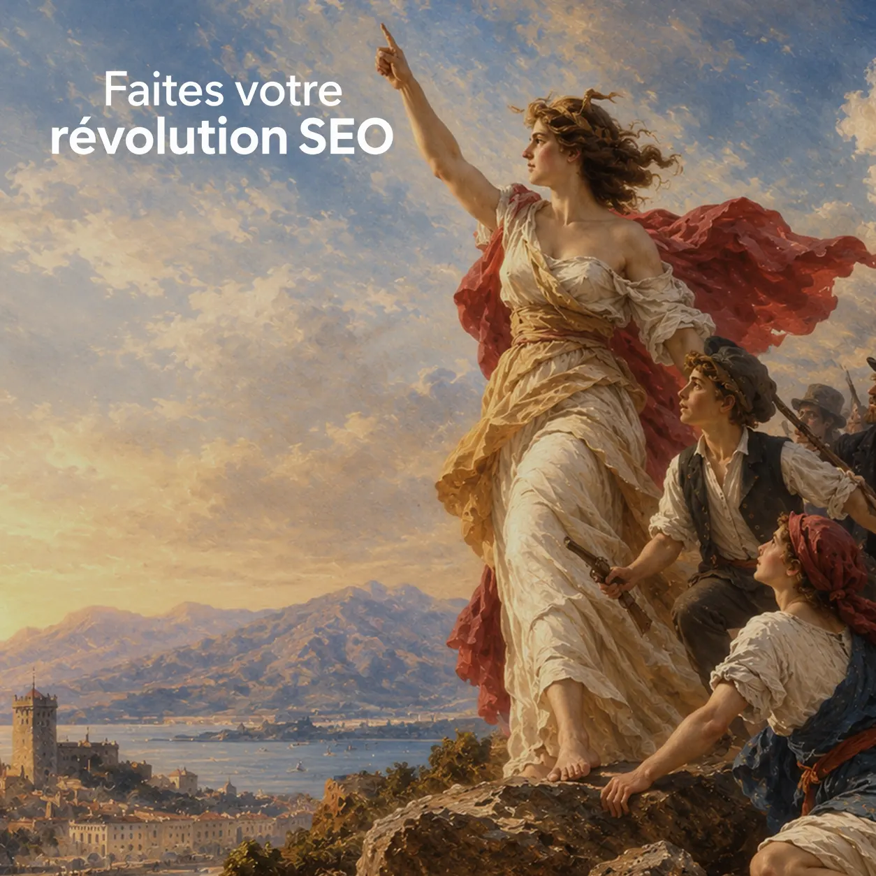 Illustration allégorique d’une révolution avec le texte « Faites votre révolution SEO