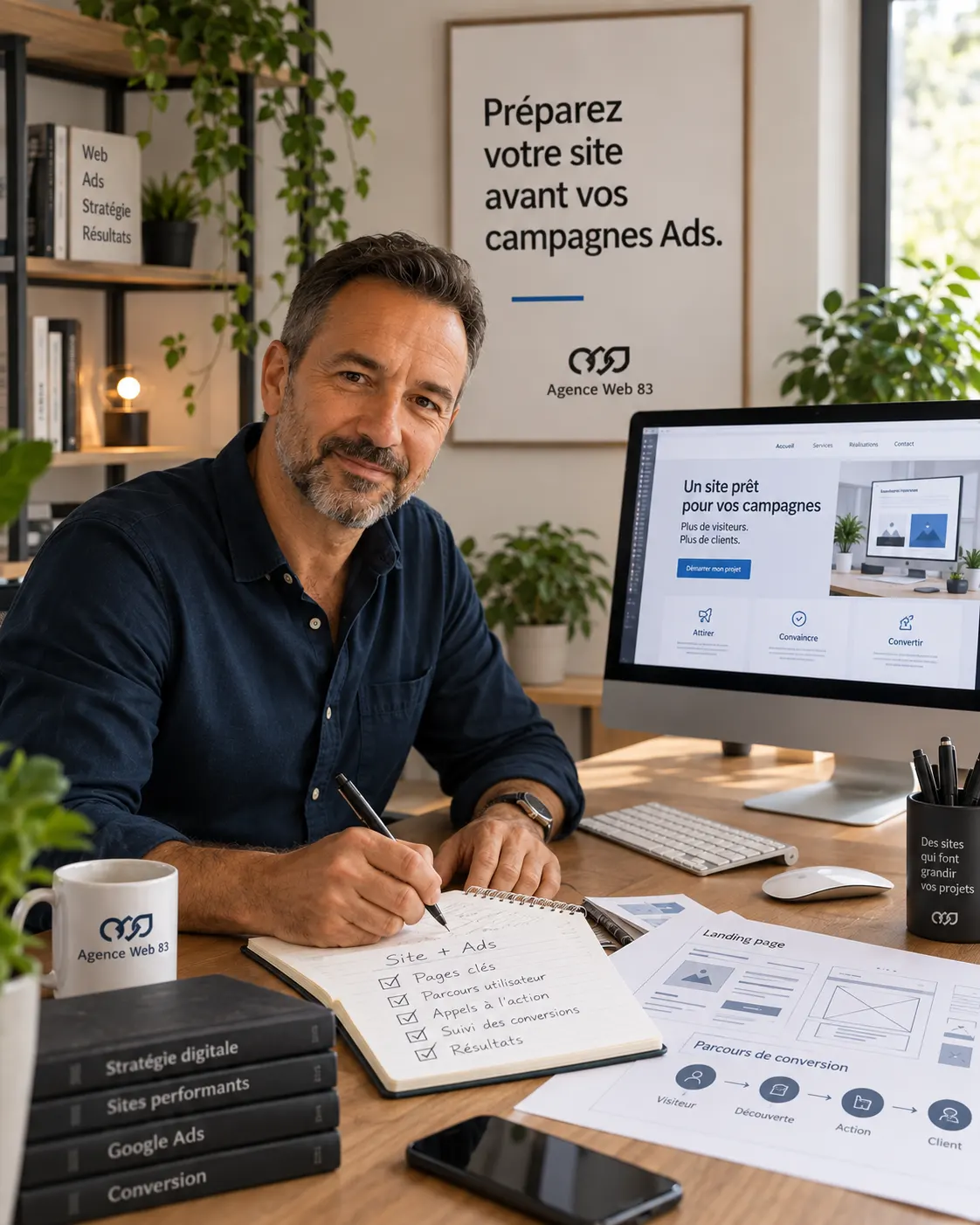 Professionnel du web à son bureau préparant un site internet pour des campagnes Ads, avec écran d’ordinateur et visuel Agence Web 83 en arrière-plan.