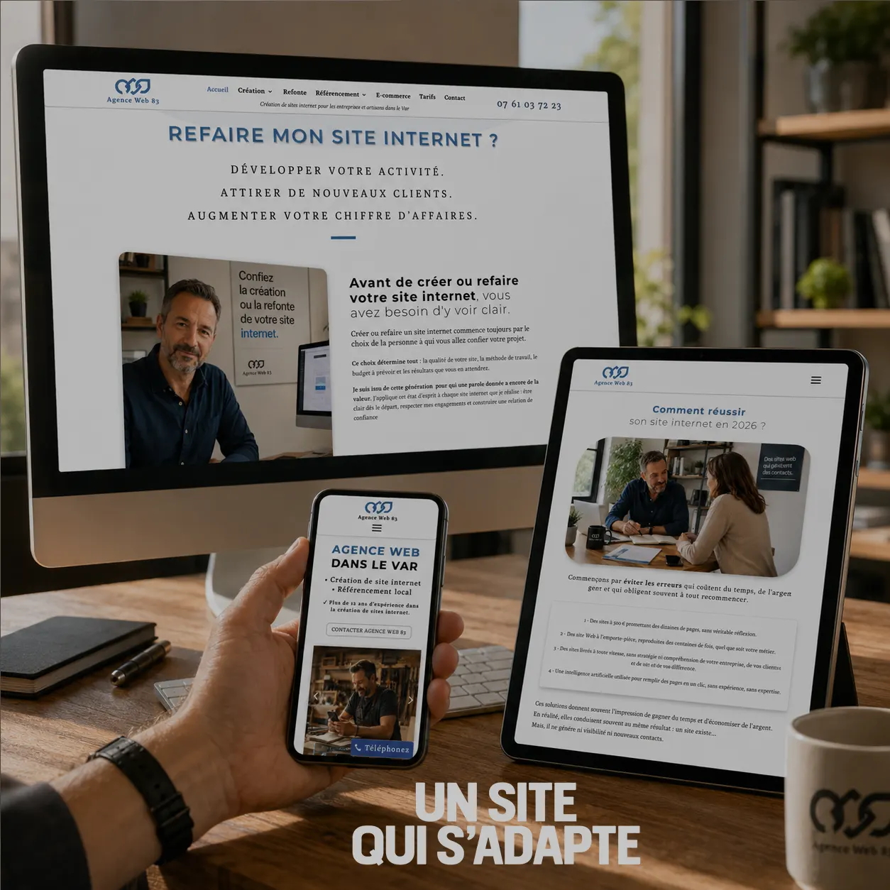 Exemple de site responsive créé par Agence Web 83 dans le Var sur ordinateur, tablette et smartphone